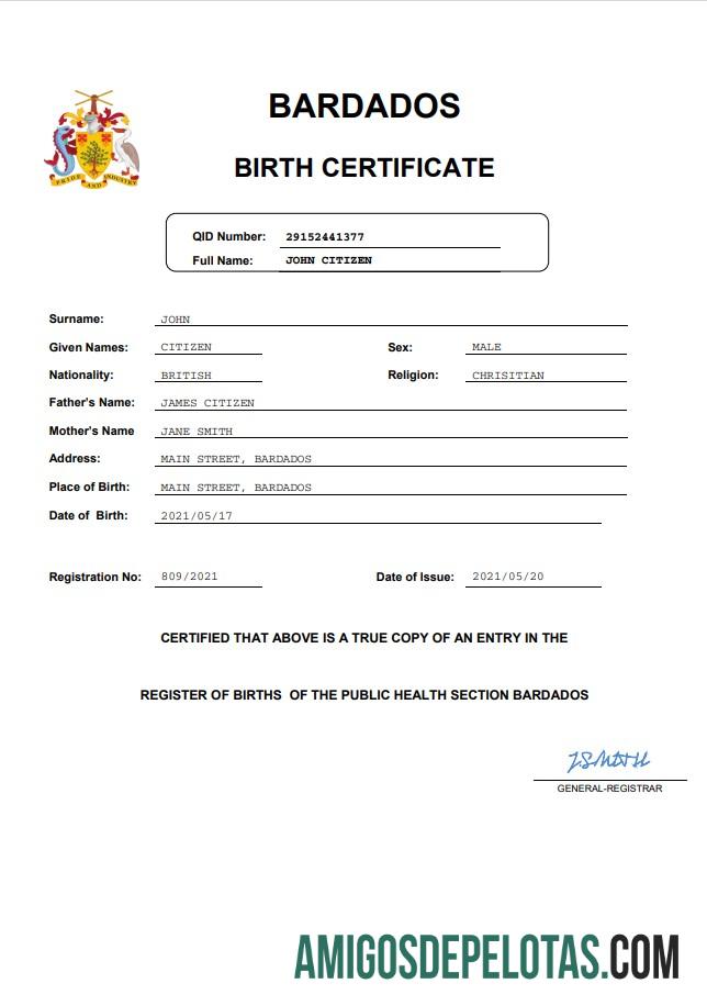 Para baixar modelo de certidão de nascimento de Barbados em Word e PDF